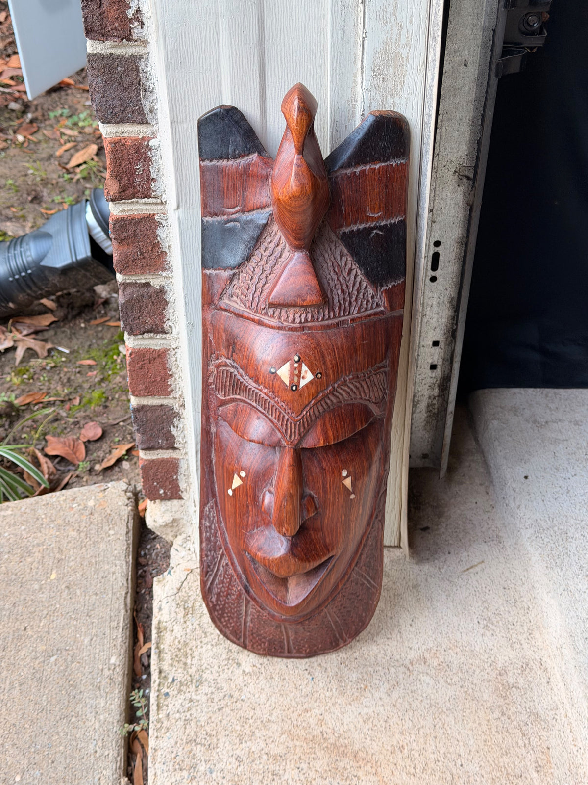 Vintage African Hand Carved Wood Mask Bird Crest Bovine Bone Inlay Wall Art 28in
