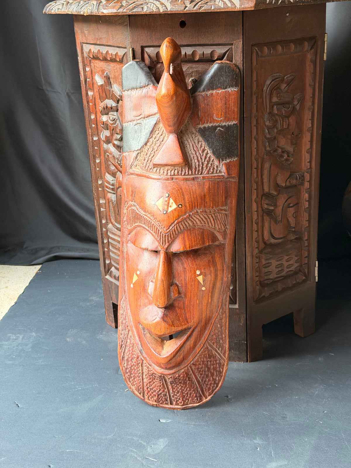Vintage African Hand Carved Wood Mask Bird Crest Bovine Bone Inlay Wall Art 28in