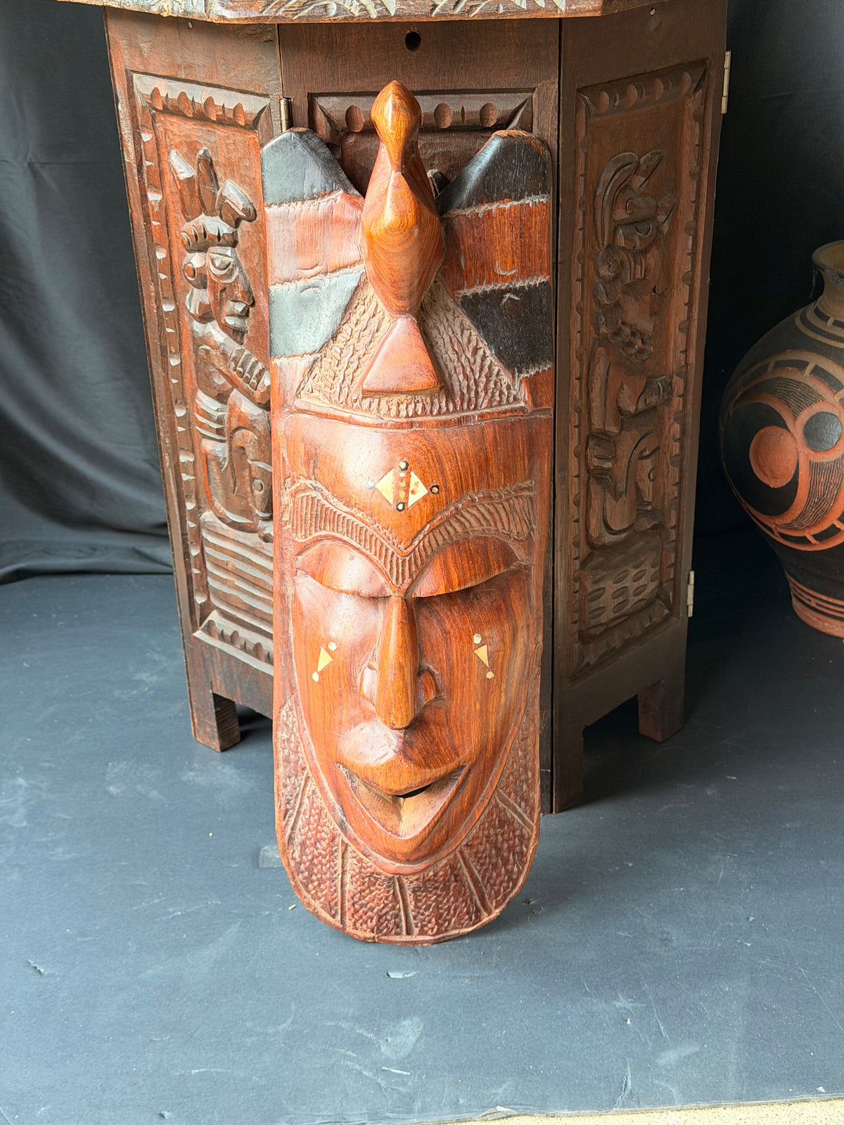 Vintage African Hand Carved Wood Mask Bird Crest Bovine Bone Inlay Wall Art 28in