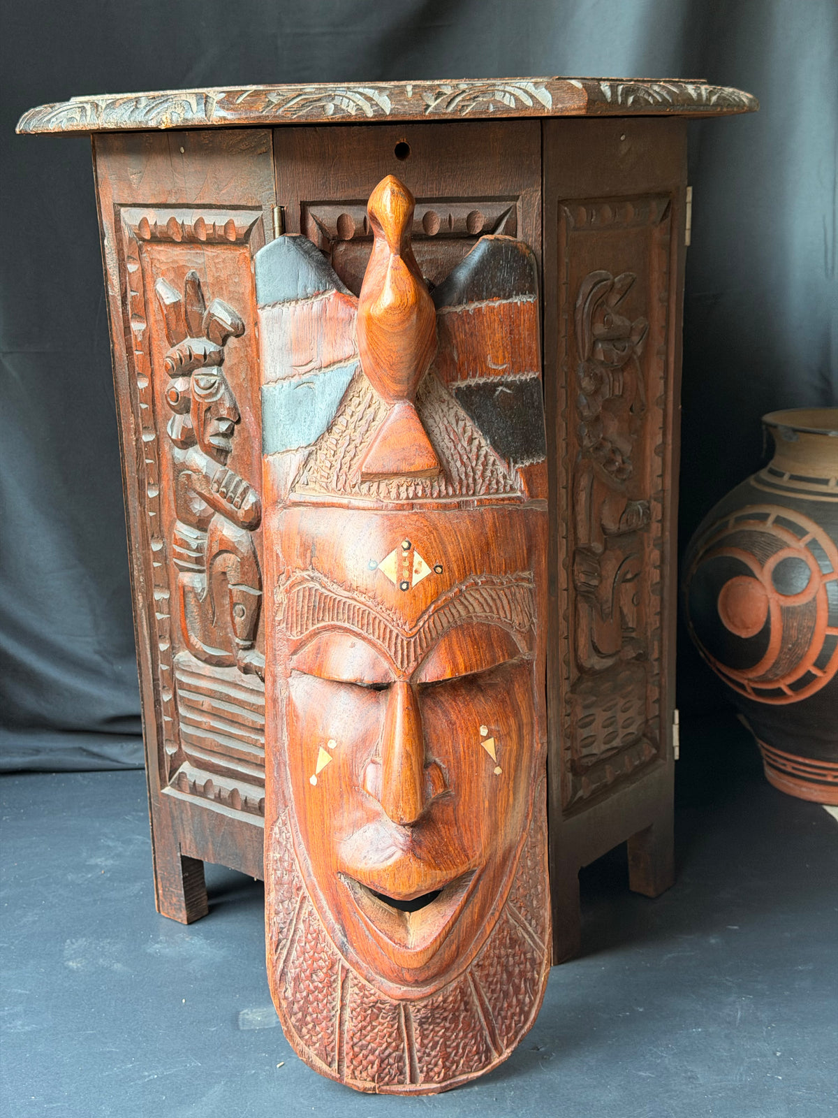 Vintage African Hand Carved Wood Mask Bird Crest Bovine Bone Inlay Wall Art 28in