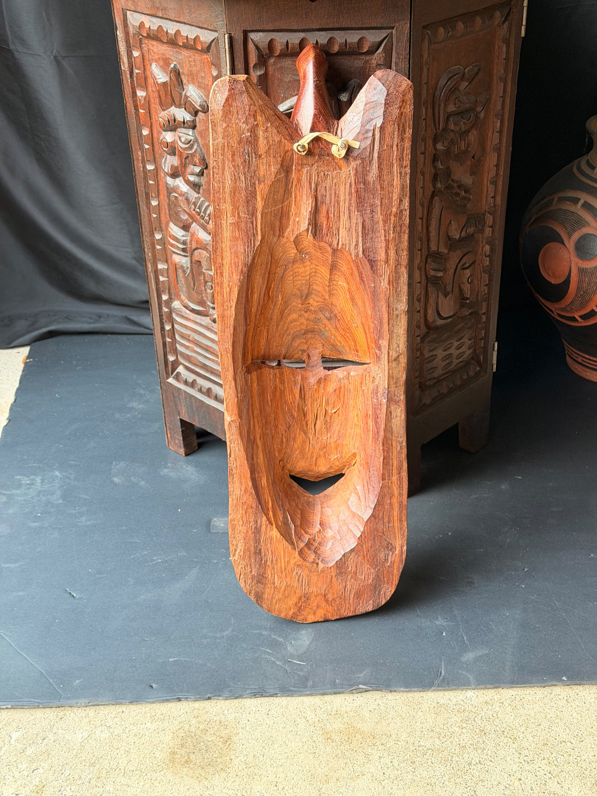 Vintage African Hand Carved Wood Mask Bird Crest Bovine Bone Inlay Wall Art 28in
