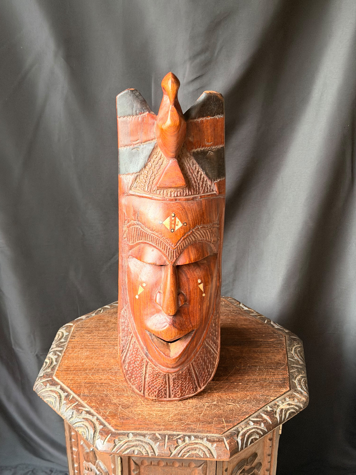 Vintage African Hand Carved Wood Mask Bird Crest Bovine Bone Inlay Wall Art 28in