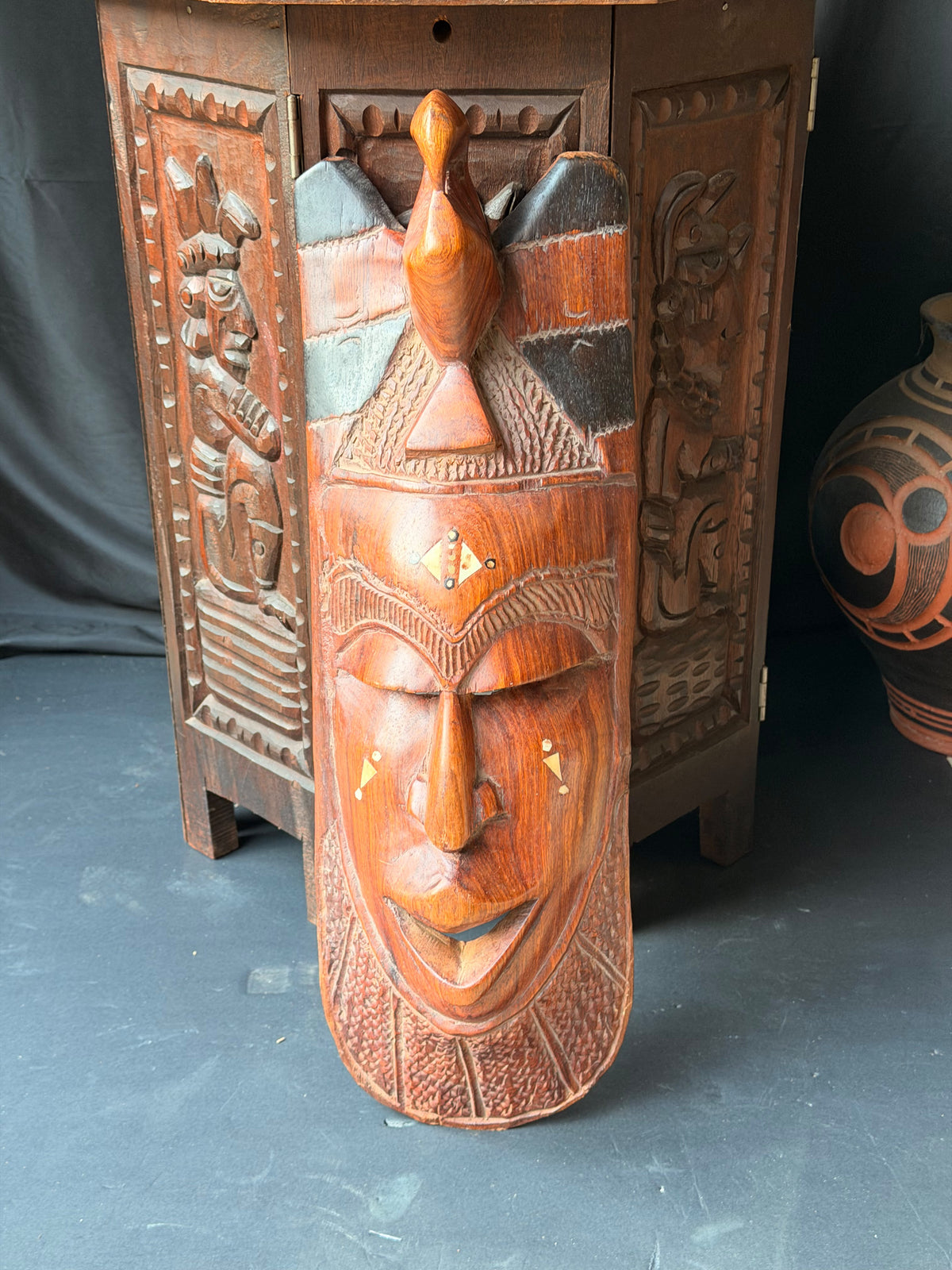 Vintage African Hand Carved Wood Mask Bird Crest Bovine Bone Inlay Wall Art 28in