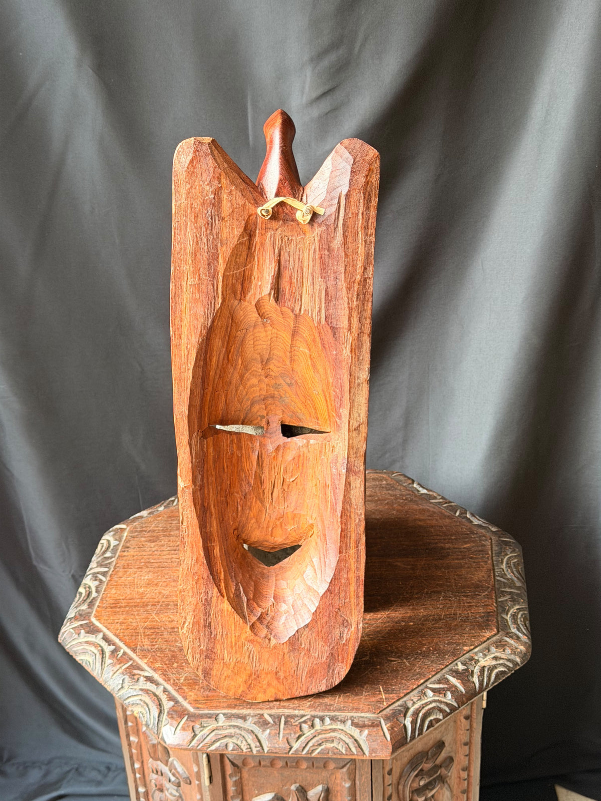 Vintage African Hand Carved Wood Mask Bird Crest Bovine Bone Inlay Wall Art 28in
