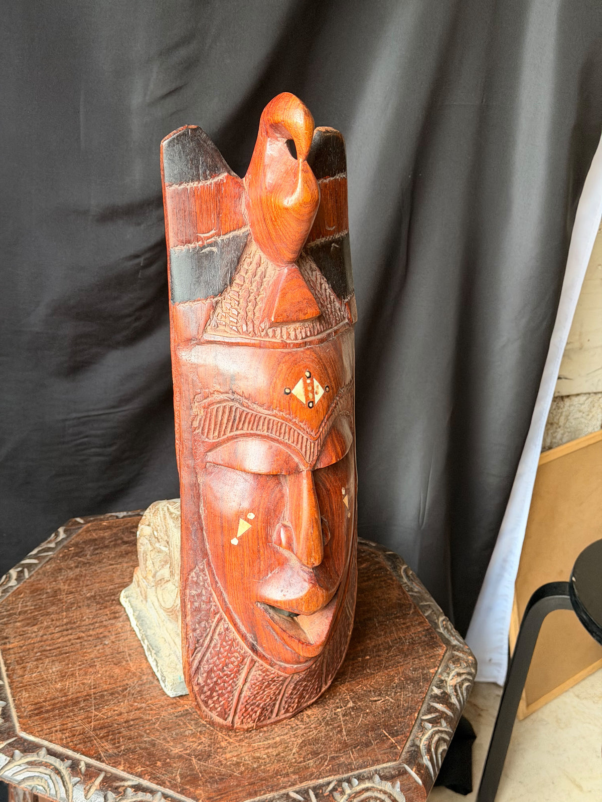 Vintage African Hand Carved Wood Mask Bird Crest Bovine Bone Inlay Wall Art 28in