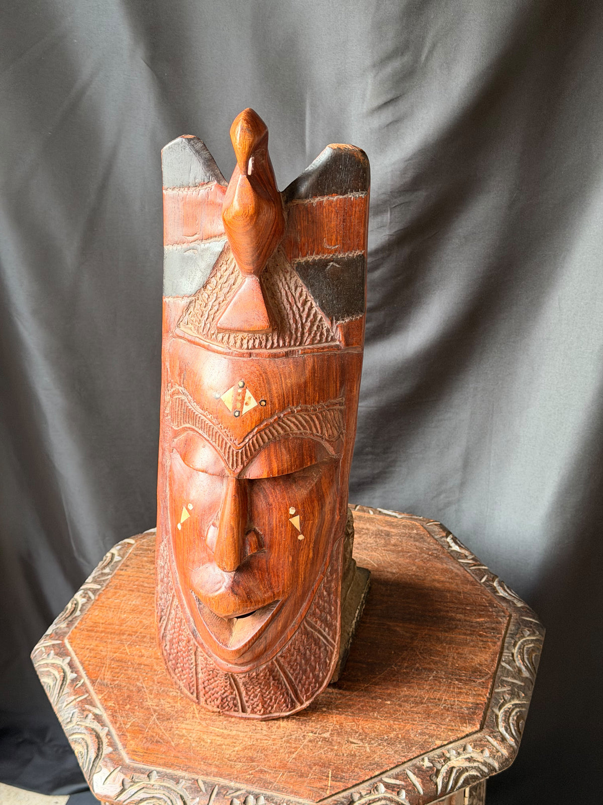 Vintage African Hand Carved Wood Mask Bird Crest Bovine Bone Inlay Wall Art 28in