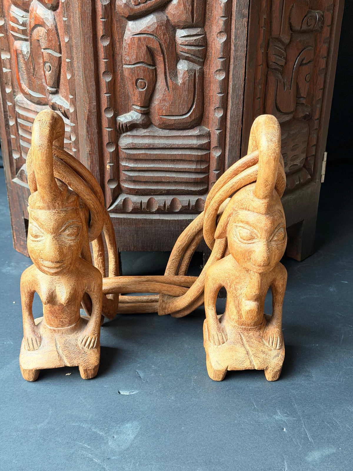 Vintage African Yoruba Carved Wood Marriage Chain Couple Figures 35in