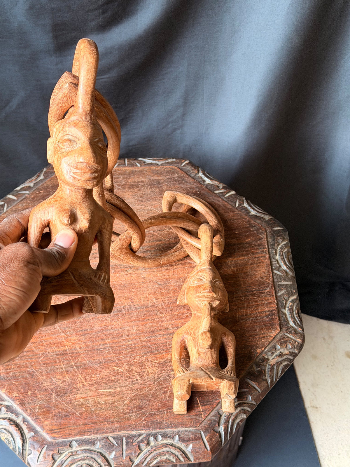 Vintage African Yoruba Carved Wood Marriage Chain Couple Figures 35in