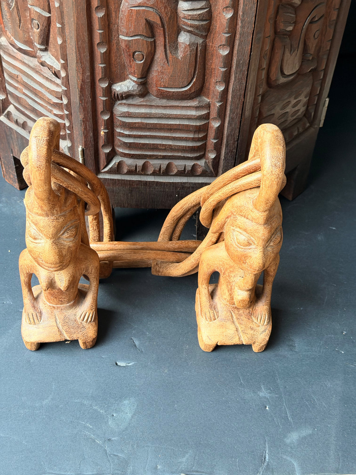 Vintage African Yoruba Carved Wood Marriage Chain Couple Figures 35in