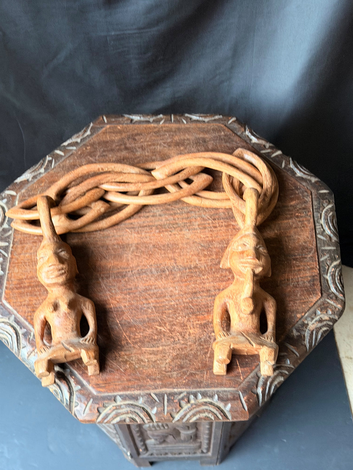 Vintage African Yoruba Carved Wood Marriage Chain Couple Figures 35in