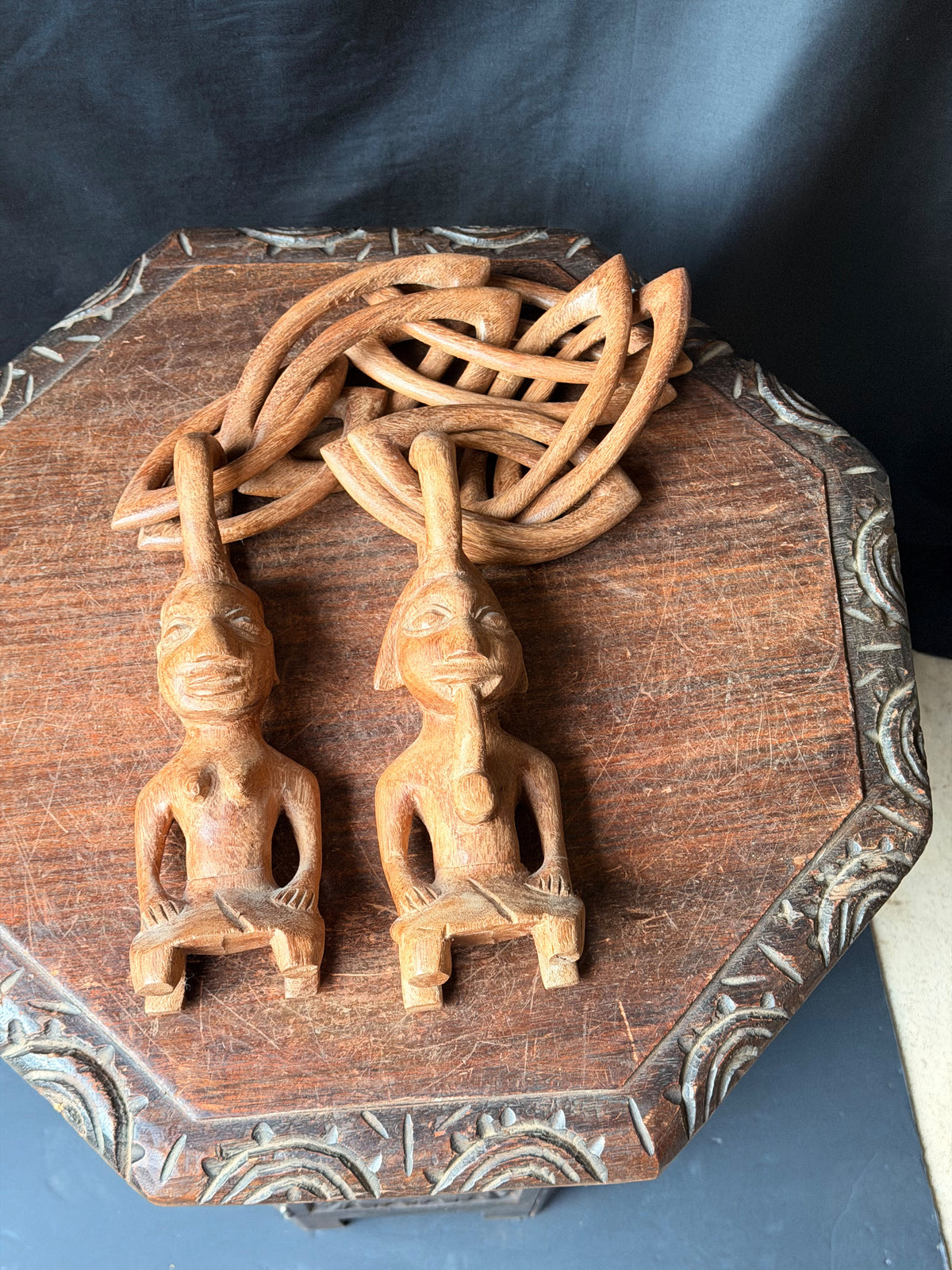 Vintage African Yoruba Carved Wood Marriage Chain Couple Figures 35in