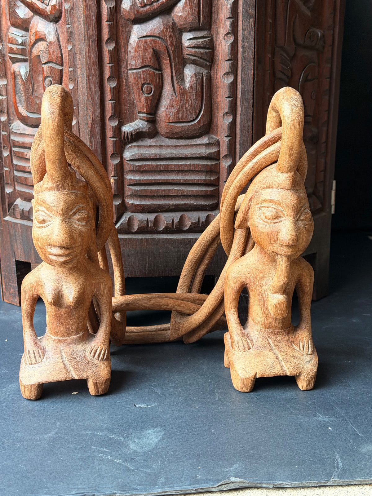 Vintage African Yoruba Carved Wood Marriage Chain Couple Figures 35in