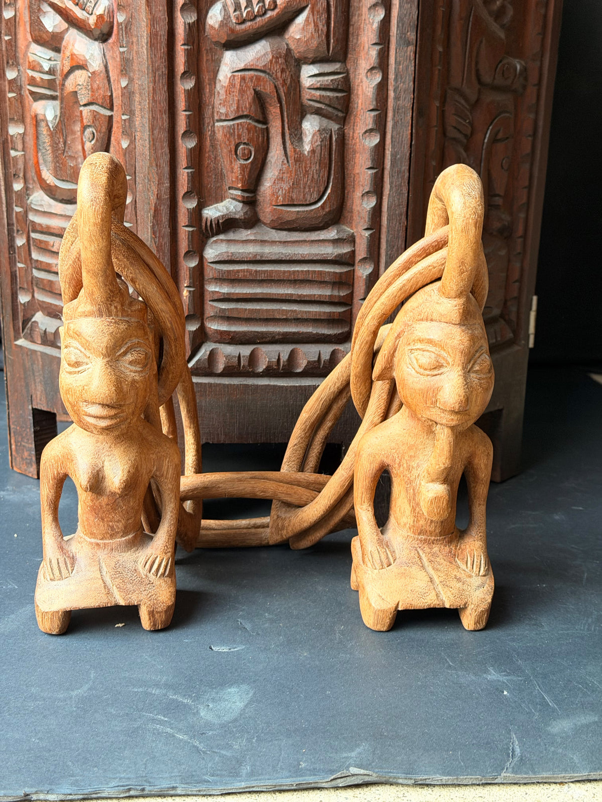 Vintage African Yoruba Carved Wood Marriage Chain Couple Figures 35in