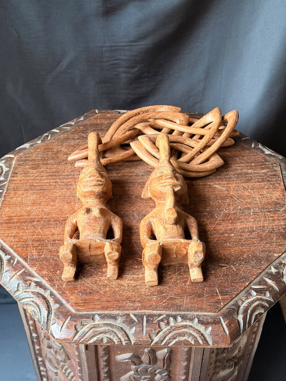 Vintage African Yoruba Carved Wood Marriage Chain Couple Figures 35in