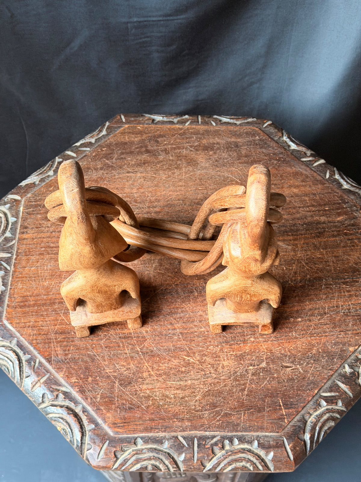 Vintage African Yoruba Carved Wood Marriage Chain Couple Figures 35in