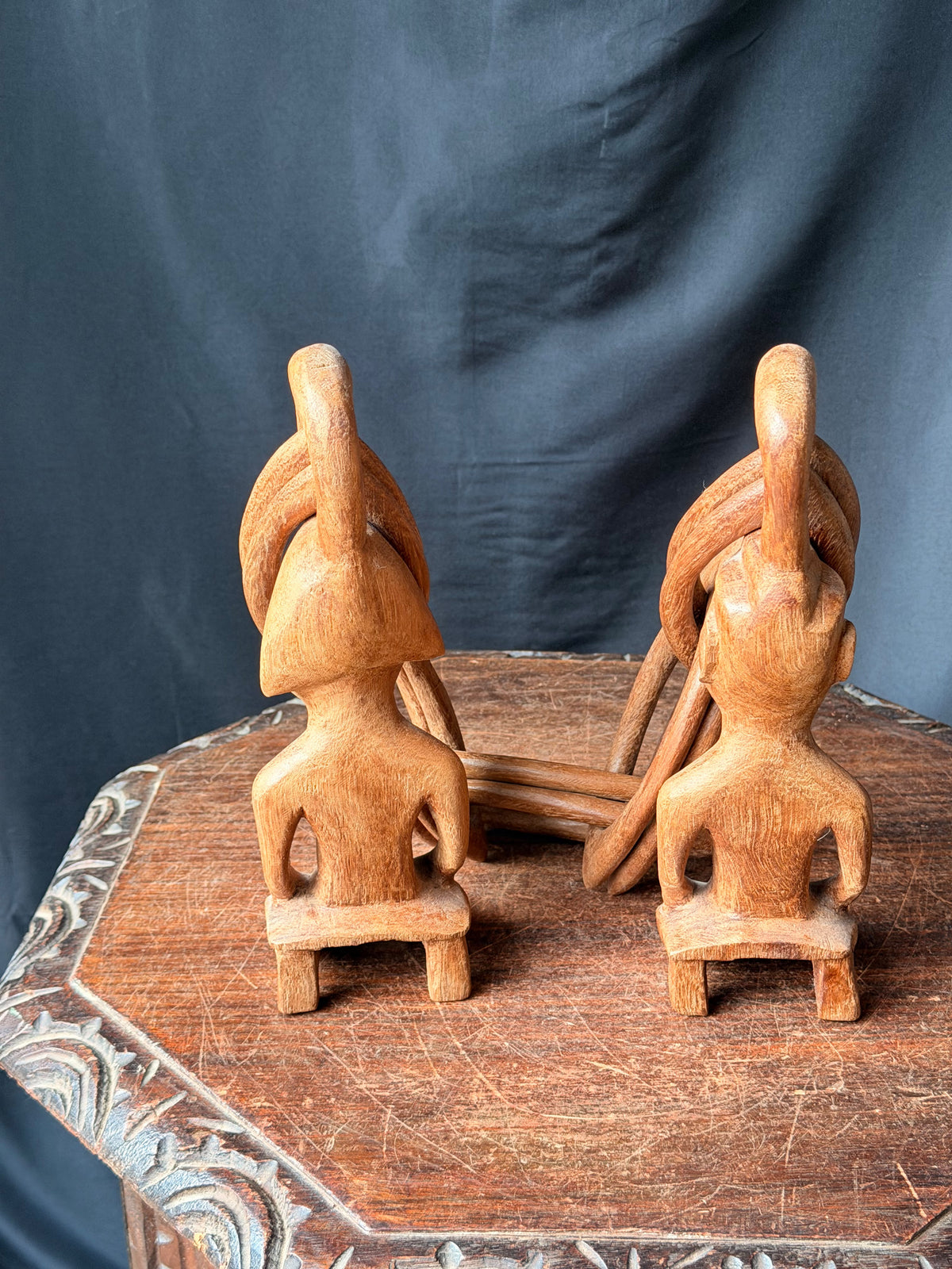 Vintage African Yoruba Carved Wood Marriage Chain Couple Figures 35in