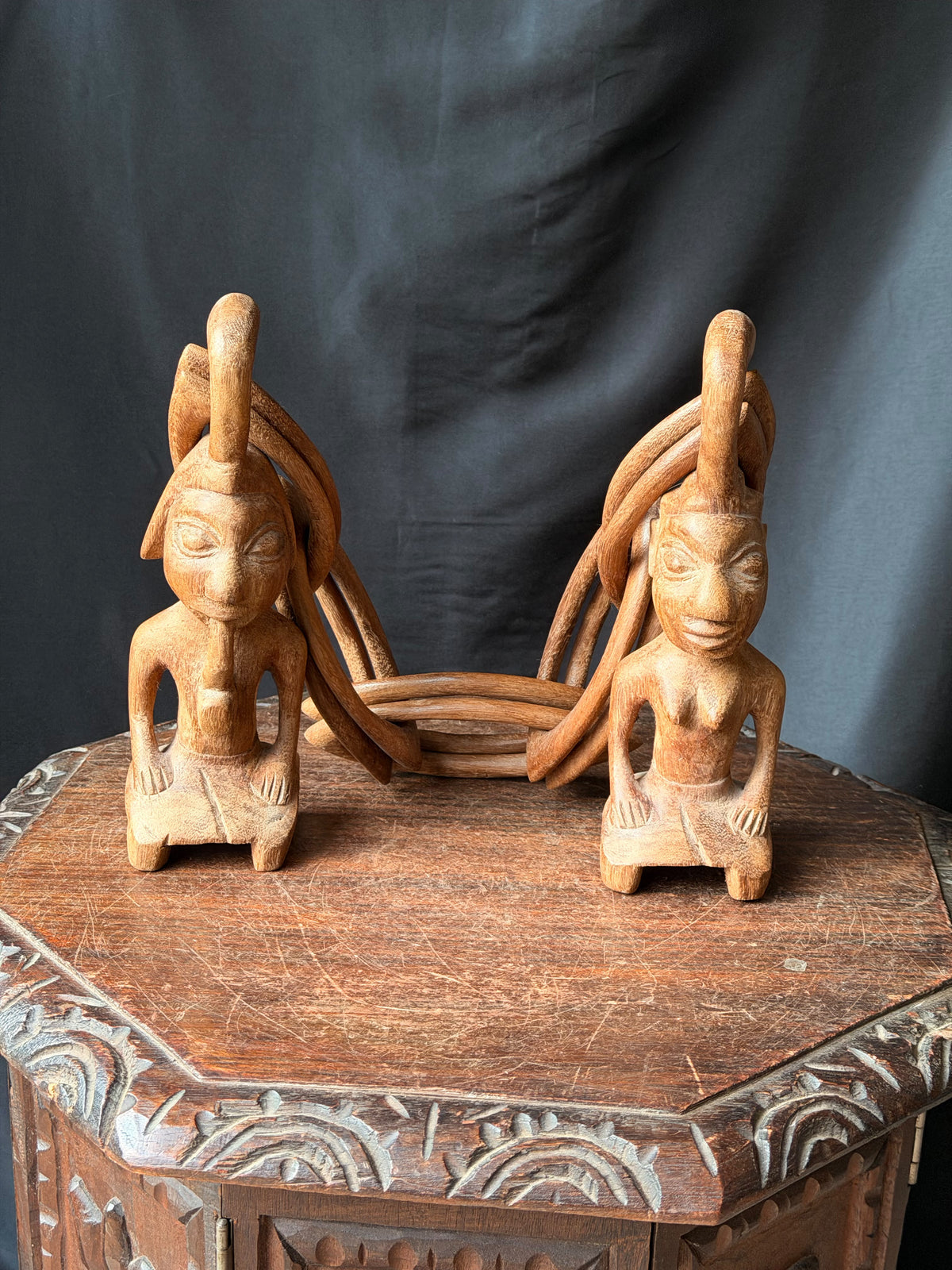 Vintage African Yoruba Carved Wood Marriage Chain Couple Figures 35in