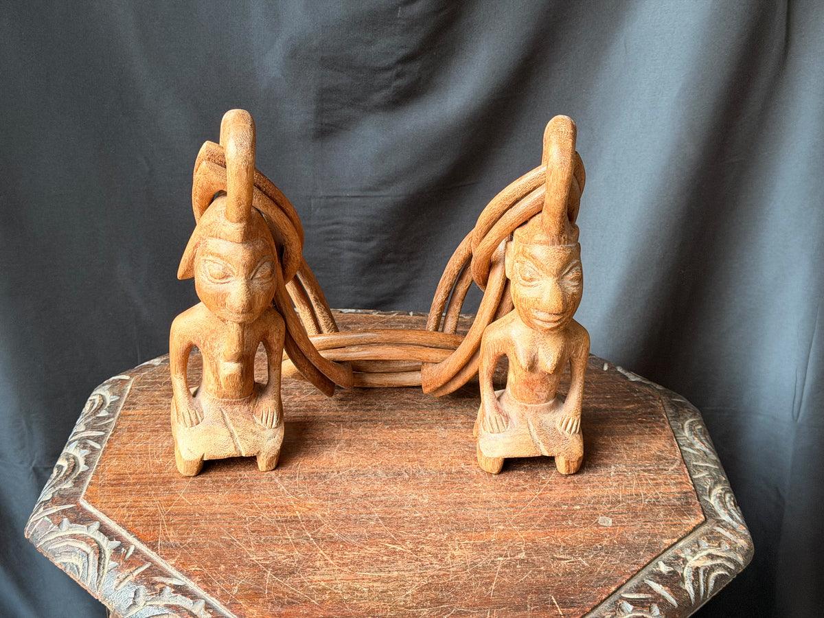 Vintage African Yoruba Carved Wood Marriage Chain Couple Figures 35in