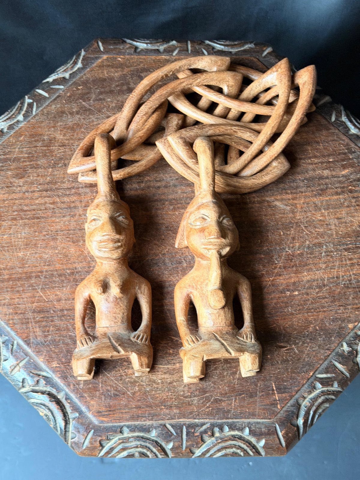Vintage African Yoruba Carved Wood Marriage Chain Couple Figures 35in