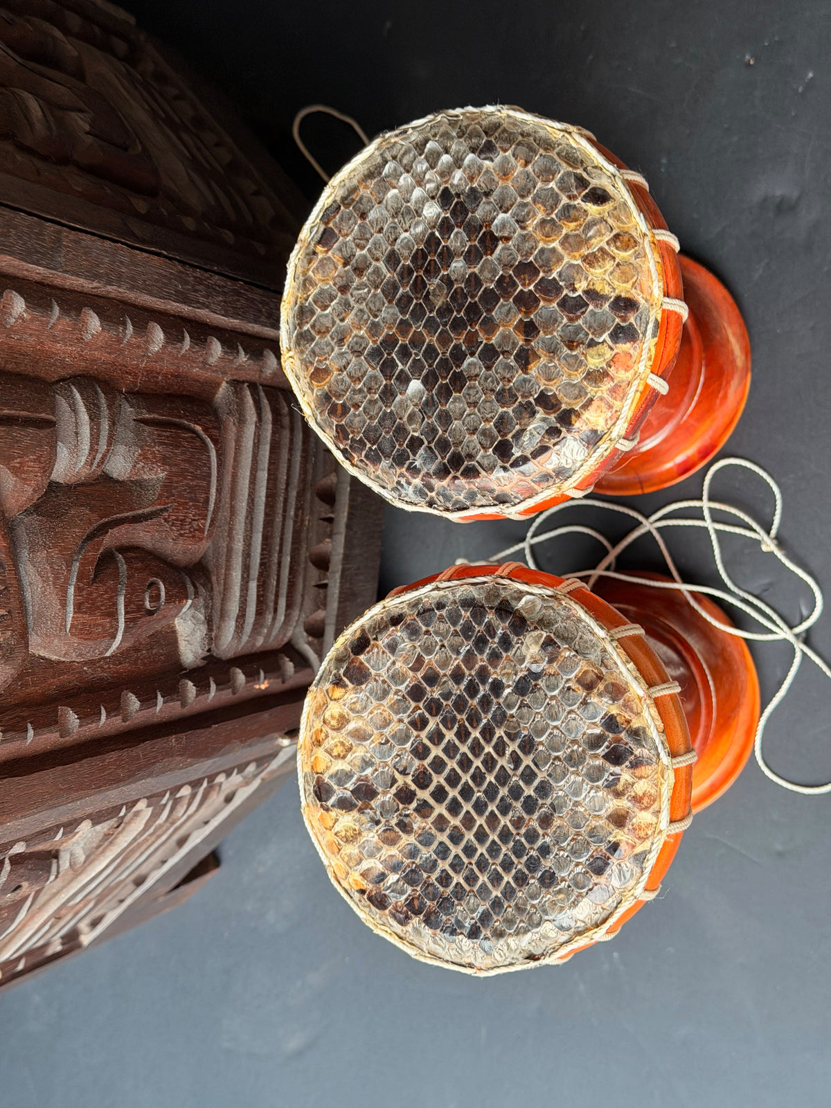 Thai Thon Goblet Hand Drums Pair Python Skin Heads Wood 9in