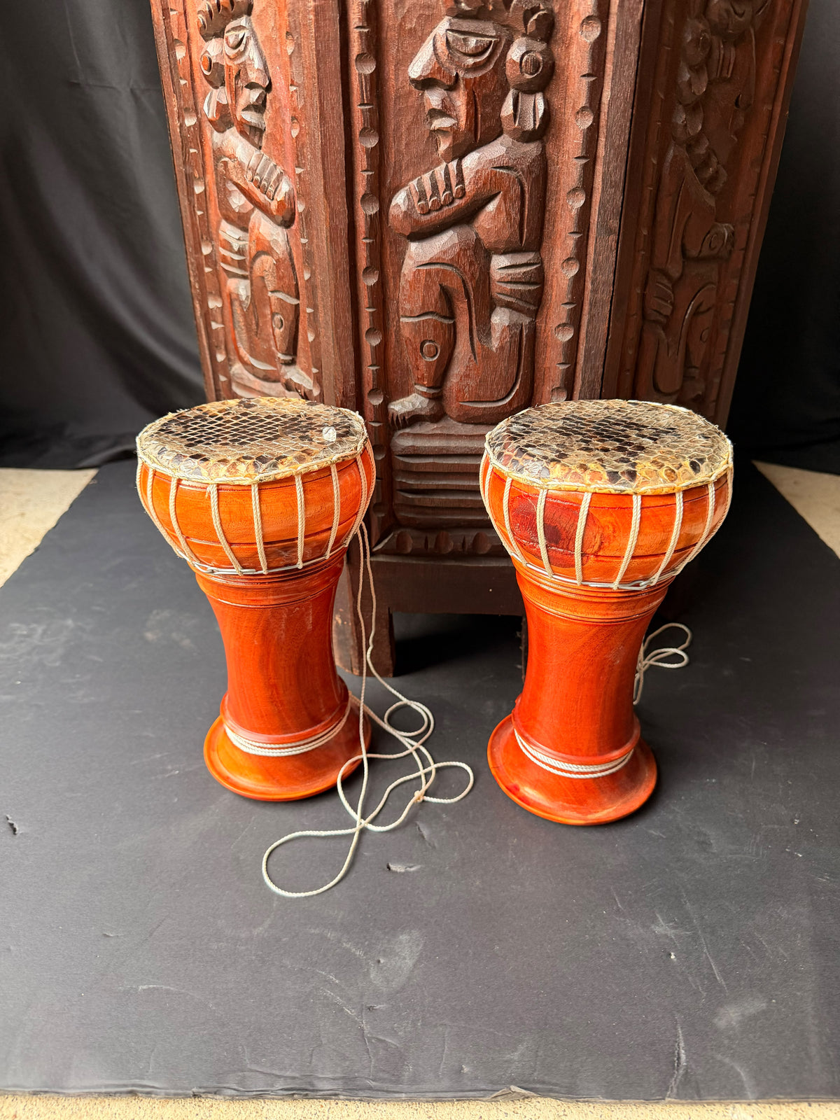 Thai Thon Goblet Hand Drums Pair Python Skin Heads Wood 9in
