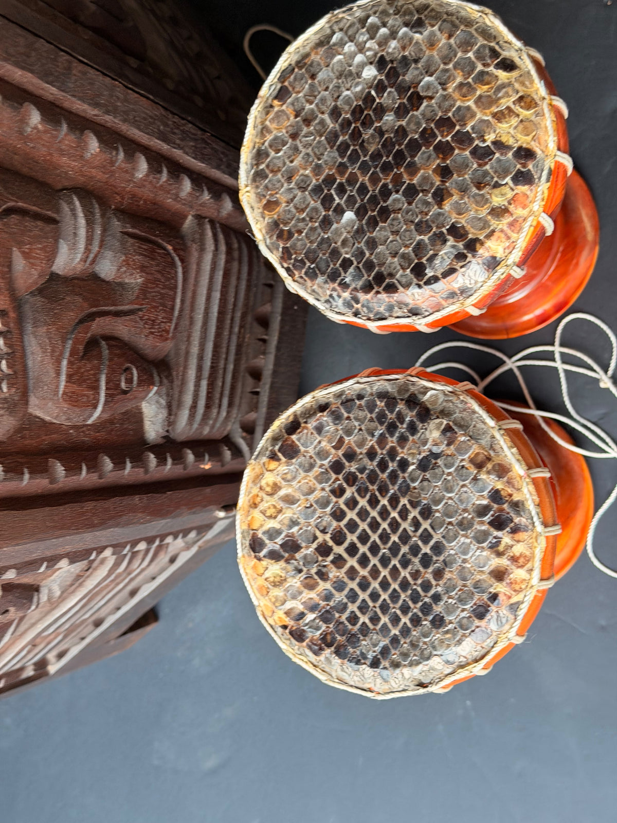 Thai Thon Goblet Hand Drums Pair Python Skin Heads Wood 9in