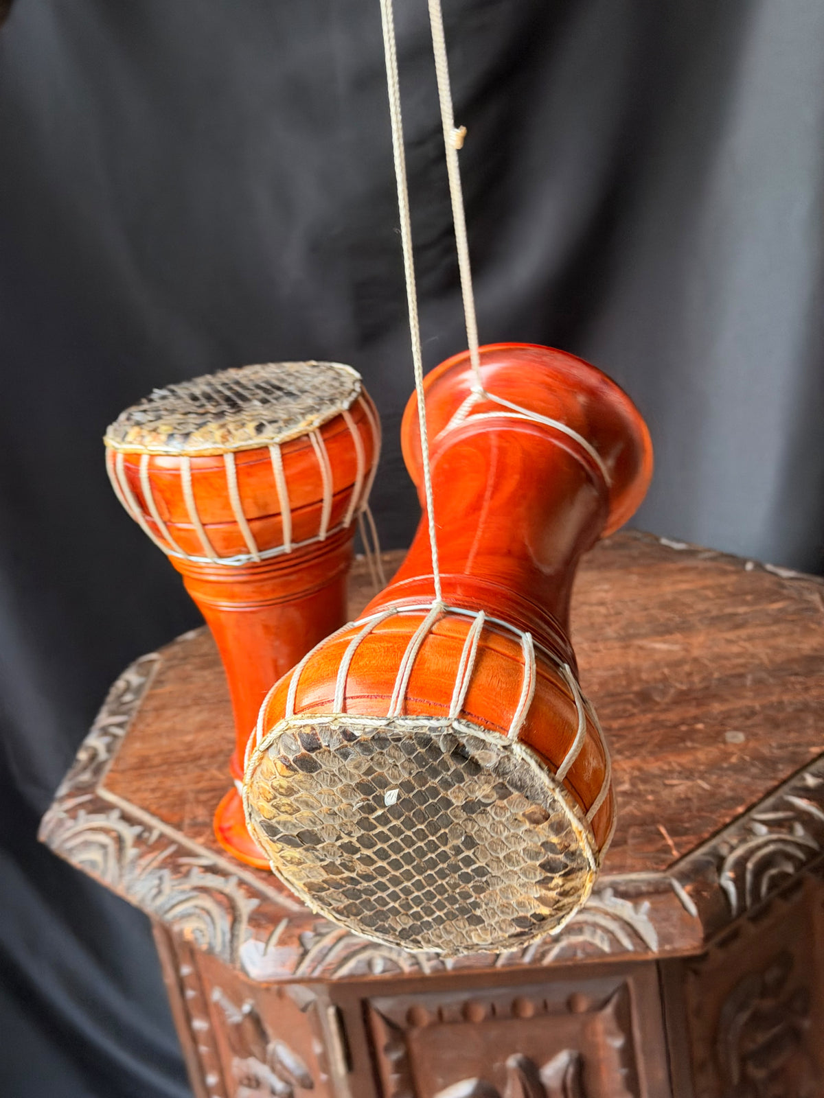 Thai Thon Goblet Hand Drums Pair Python Skin Heads Wood 9in