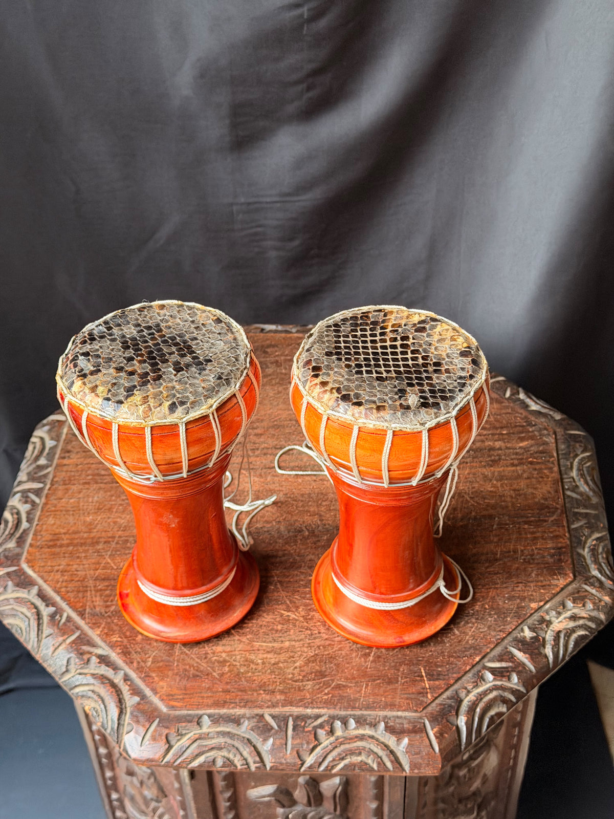 Thai Thon Goblet Hand Drums Pair Python Skin Heads Wood 9in