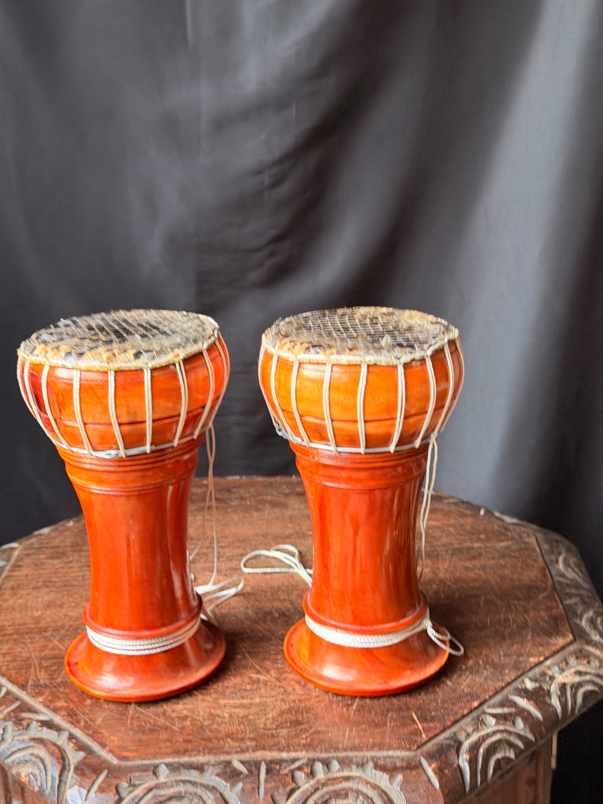 Thai Thon Goblet Hand Drums Pair Python Skin Heads Wood 9in