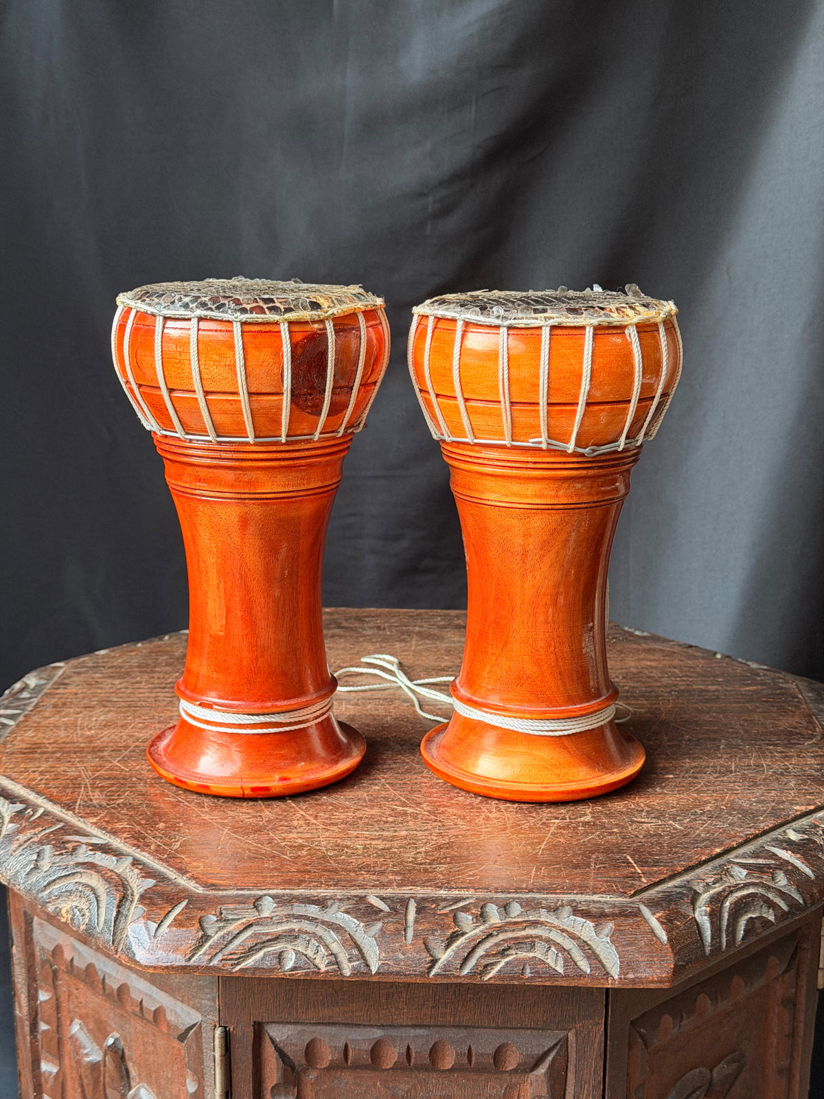 Thai Thon Goblet Hand Drums Pair Python Skin Heads Wood 9in