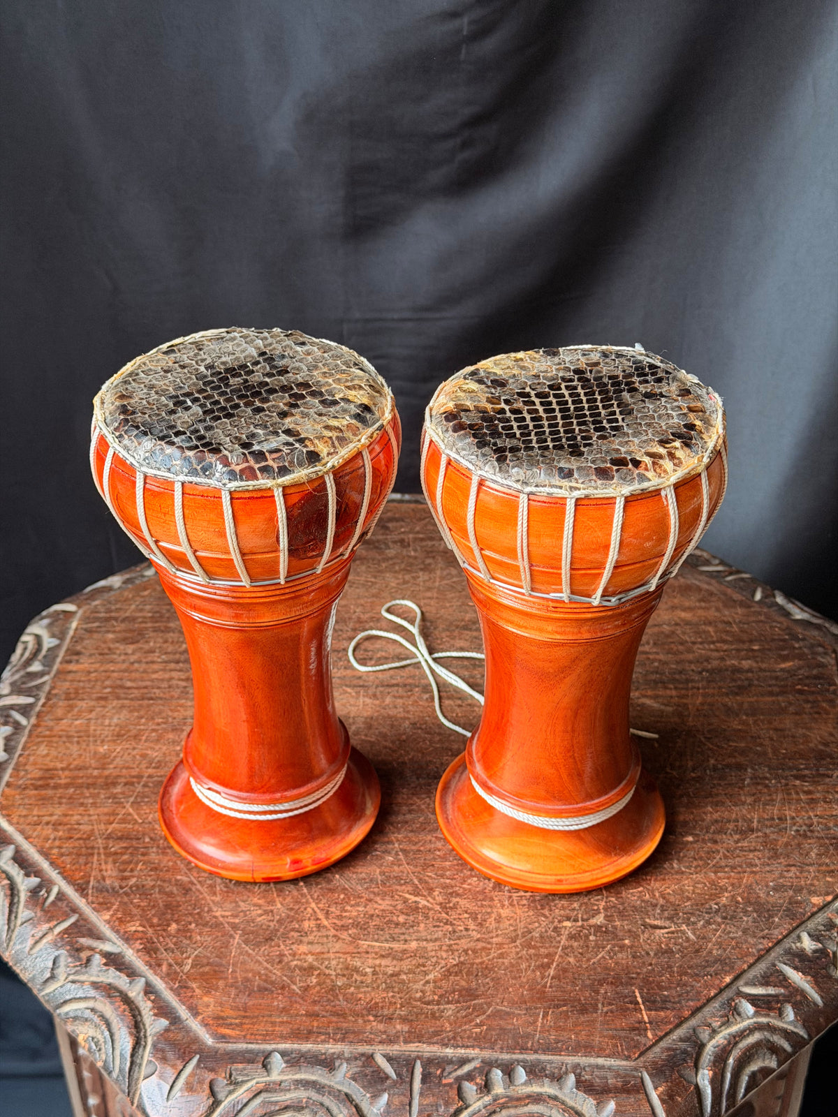 Thai Thon Goblet Hand Drums Pair Python Skin Heads Wood 9in