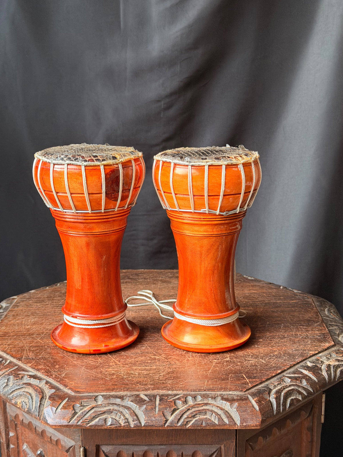 Thai Thon Goblet Hand Drums Pair Python Skin Heads Wood 9in