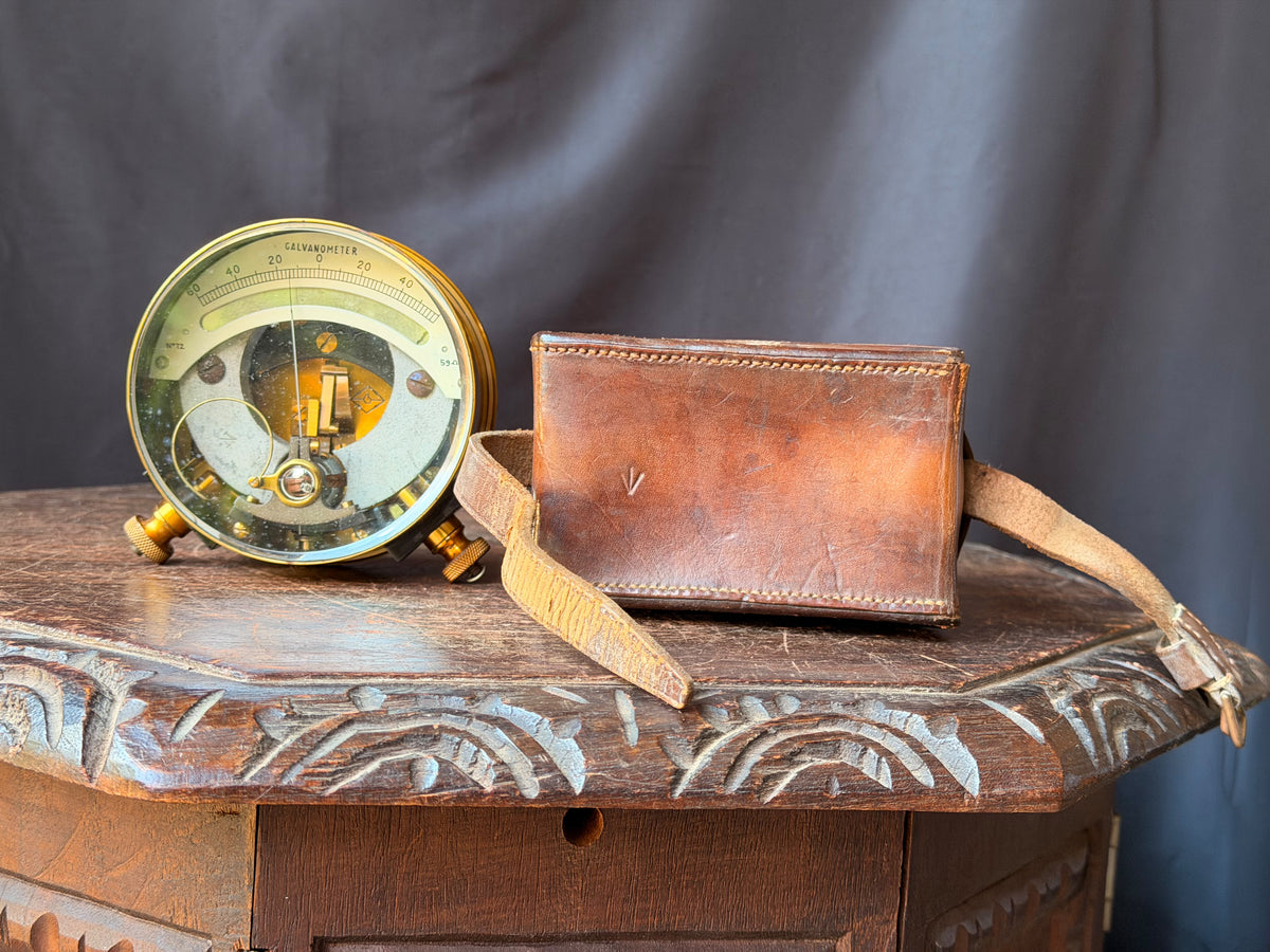 Vintage British Military Brass Galvanometer Broad Arrow No 72 Leather Case