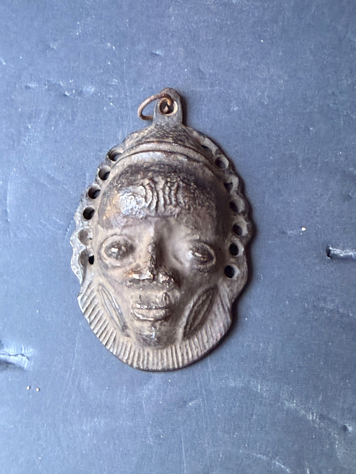 Vintage Benin Bronze Brass Face Mask Pendant Nigeria Lost Wax Cast 3.8 in