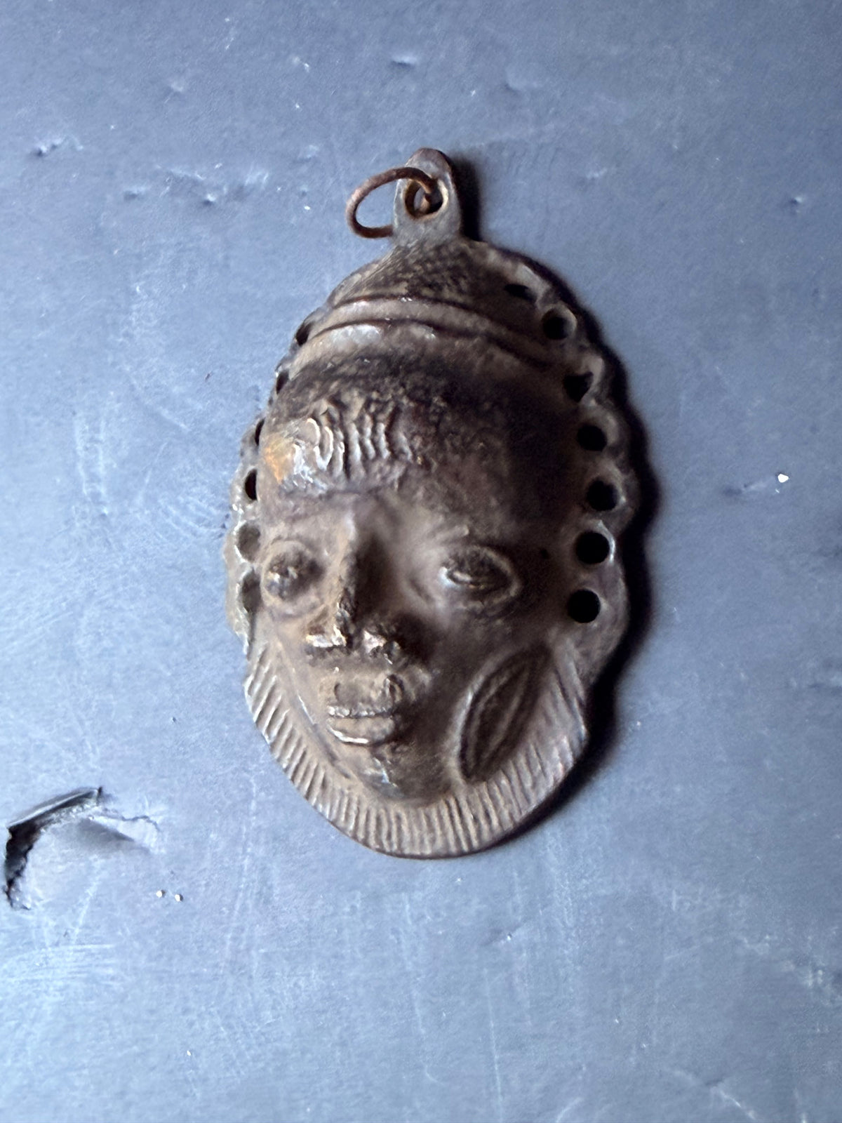Vintage Benin Bronze Brass Face Mask Pendant Nigeria Lost Wax Cast 3.8 in