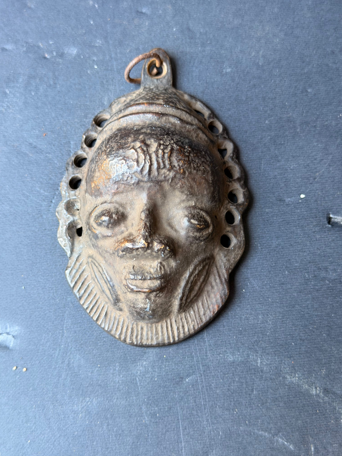 Vintage Benin Bronze Brass Face Mask Pendant Nigeria Lost Wax Cast 3.8 in