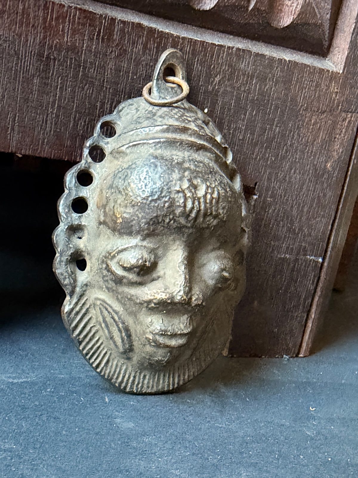 Vintage Benin Bronze Brass Face Mask Pendant Nigeria Lost Wax Cast 3.8 in