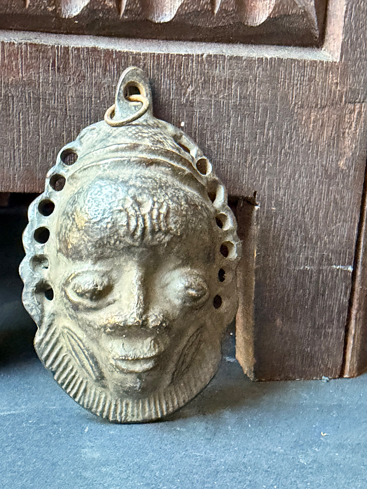 Vintage Benin Bronze Brass Face Mask Pendant Nigeria Lost Wax Cast 3.8 in