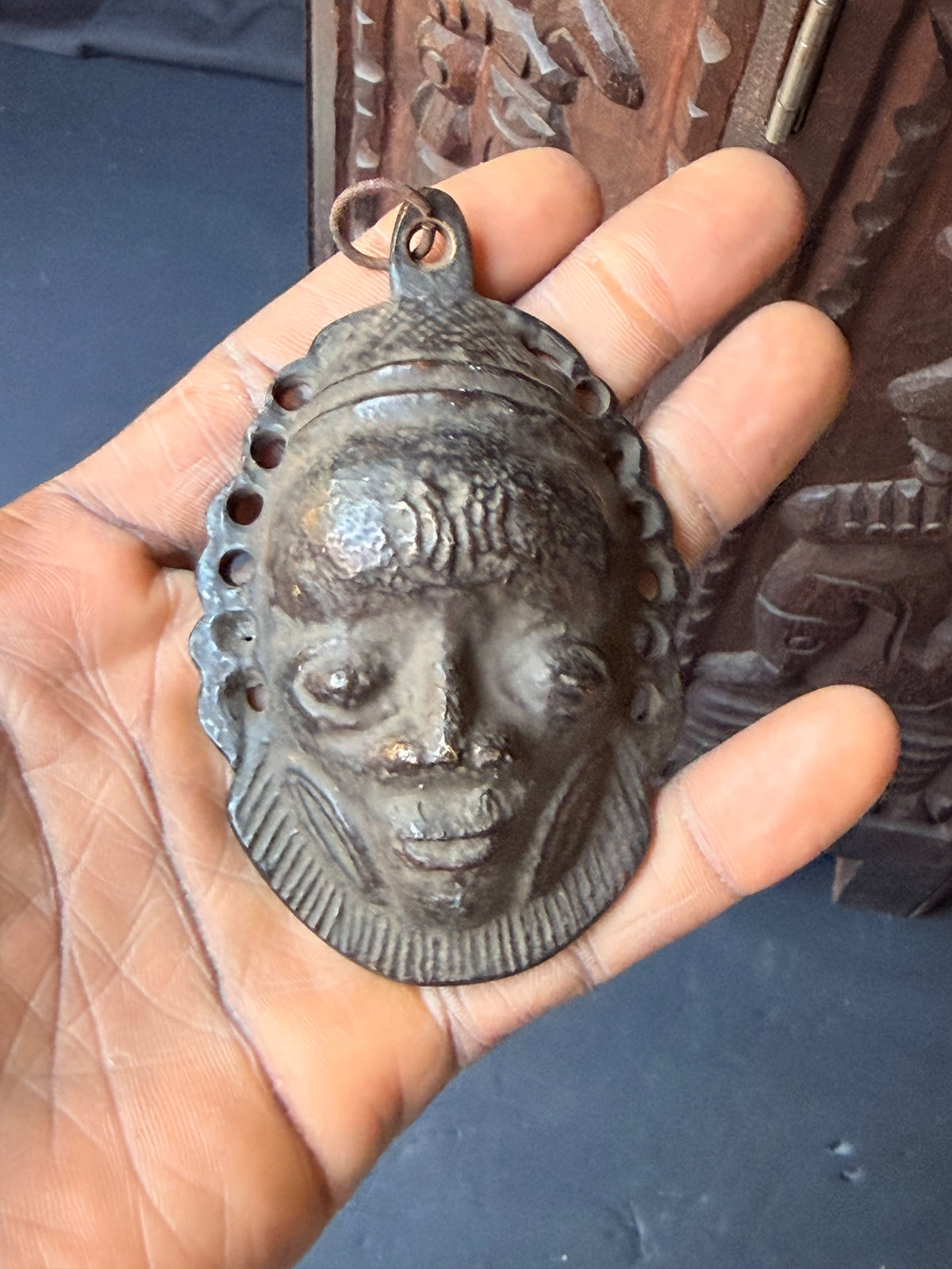 Vintage Benin Bronze Brass Face Mask Pendant Nigeria Lost Wax Cast 3.8 in