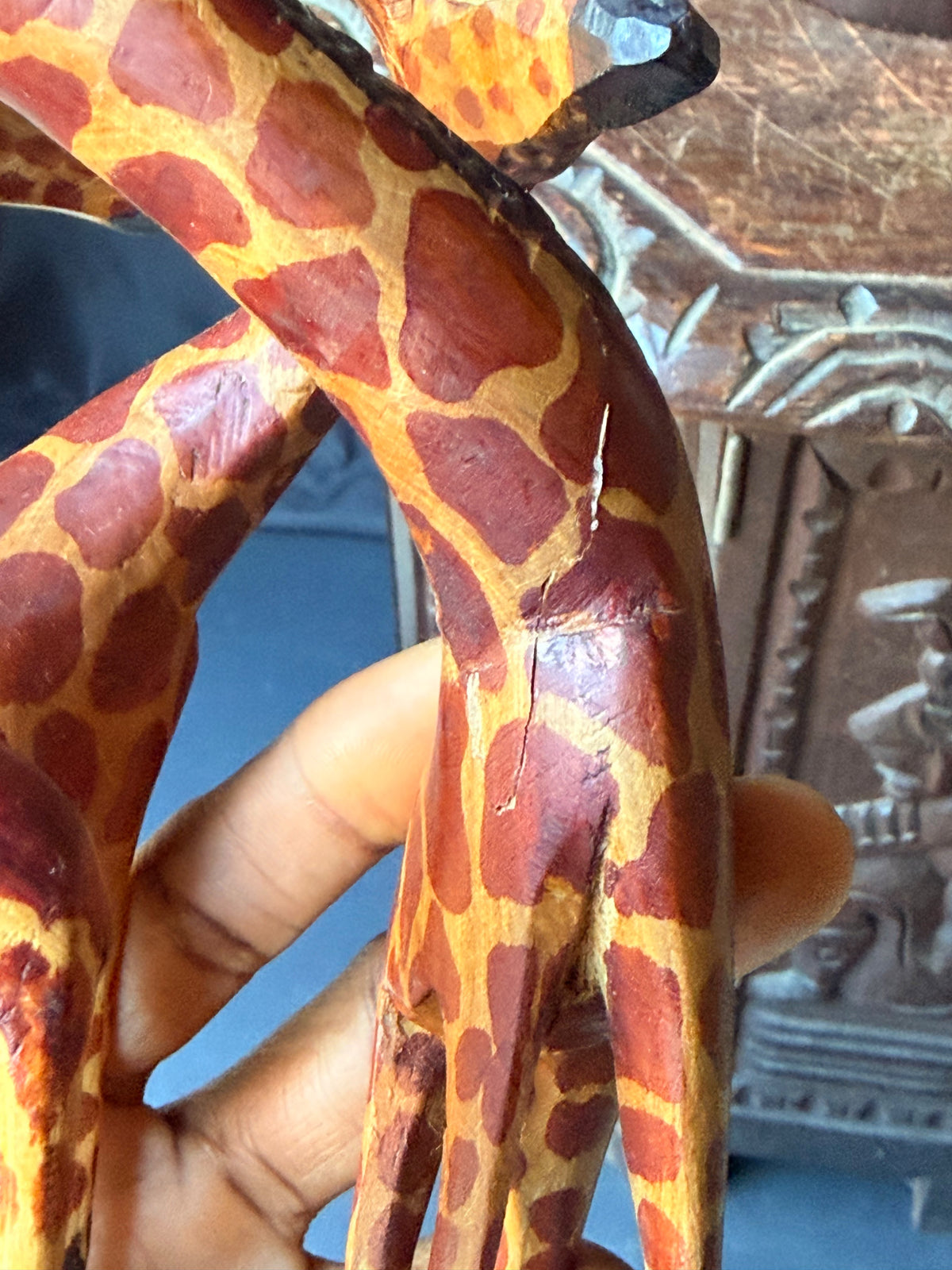 Vintage Kenyan Kamba Hand Carved Wood Giraffe Family Sculptures Pair 12 in