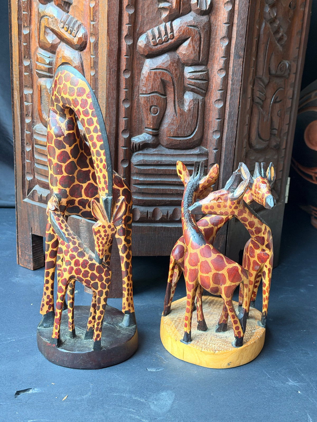 Vintage Kenyan Kamba Hand Carved Wood Giraffe Family Sculptures Pair 12 in