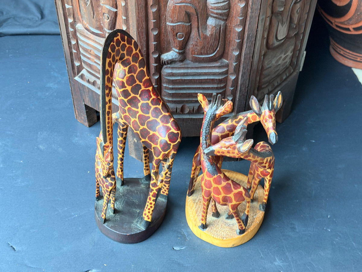 Vintage Kenyan Kamba Hand Carved Wood Giraffe Family Sculptures Pair 12 in
