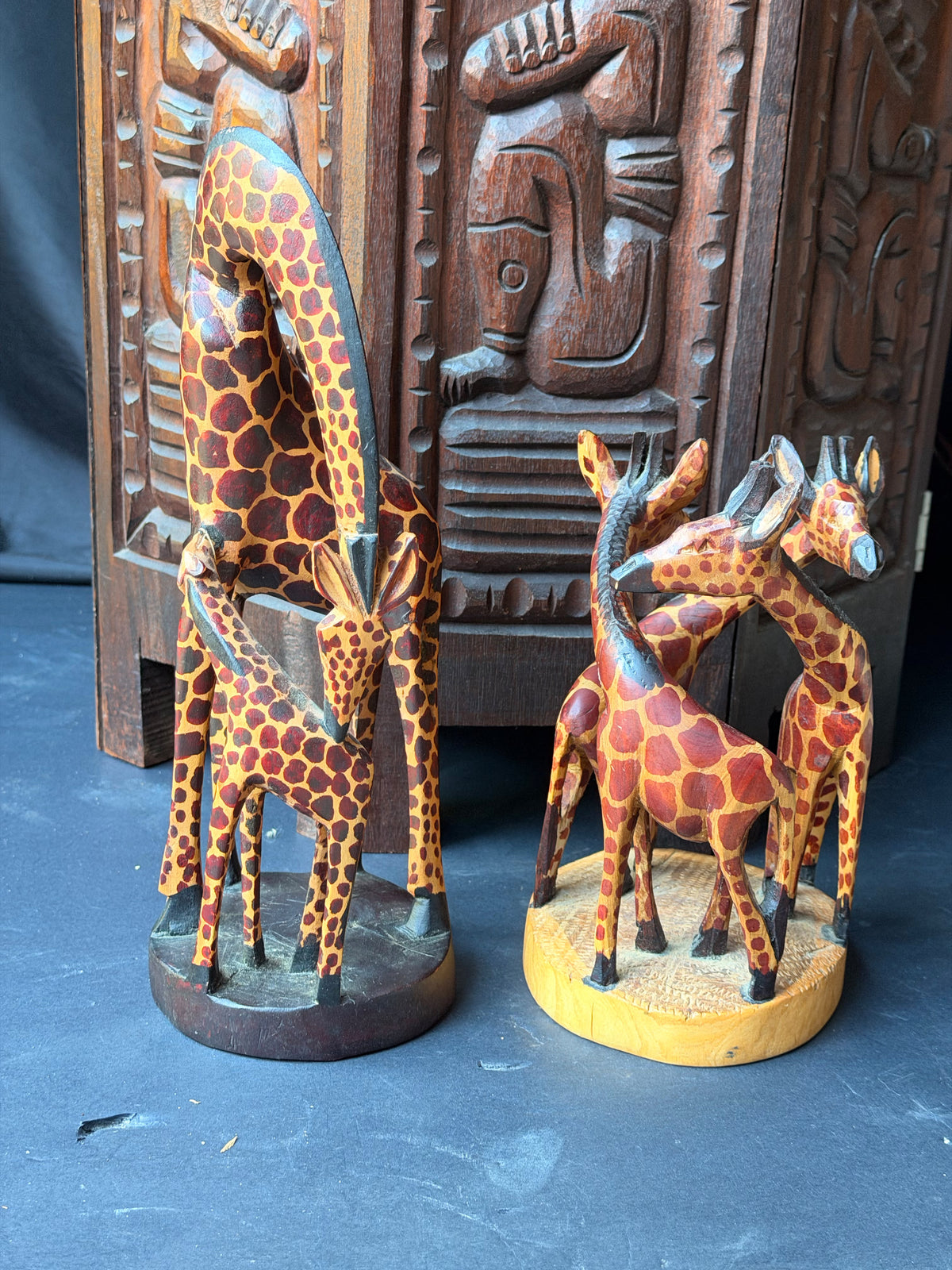 Vintage Kenyan Kamba Hand Carved Wood Giraffe Family Sculptures Pair 12 in