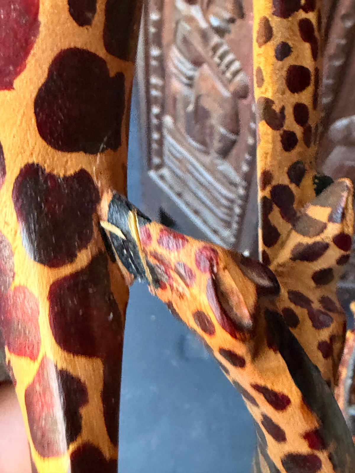 Vintage Kenyan Kamba Hand Carved Wood Giraffe Family Sculptures Pair 12 in