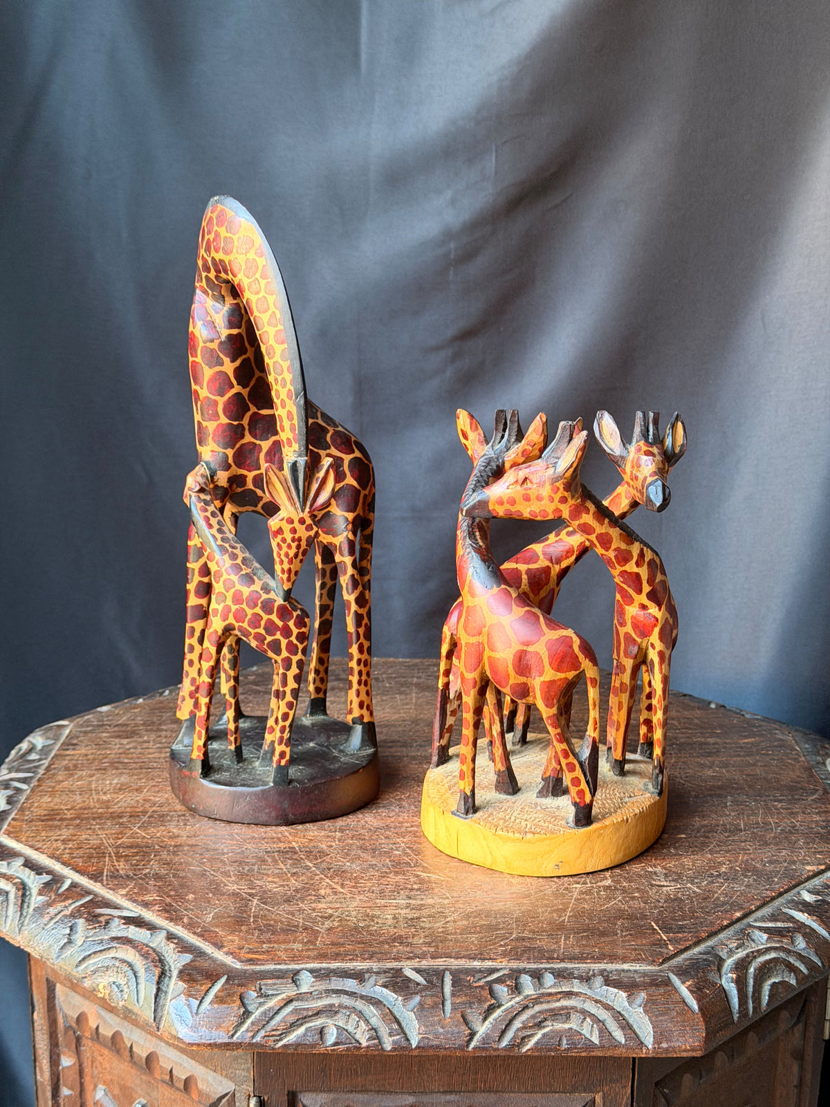 Vintage Kenyan Kamba Hand Carved Wood Giraffe Family Sculptures Pair 12 in
