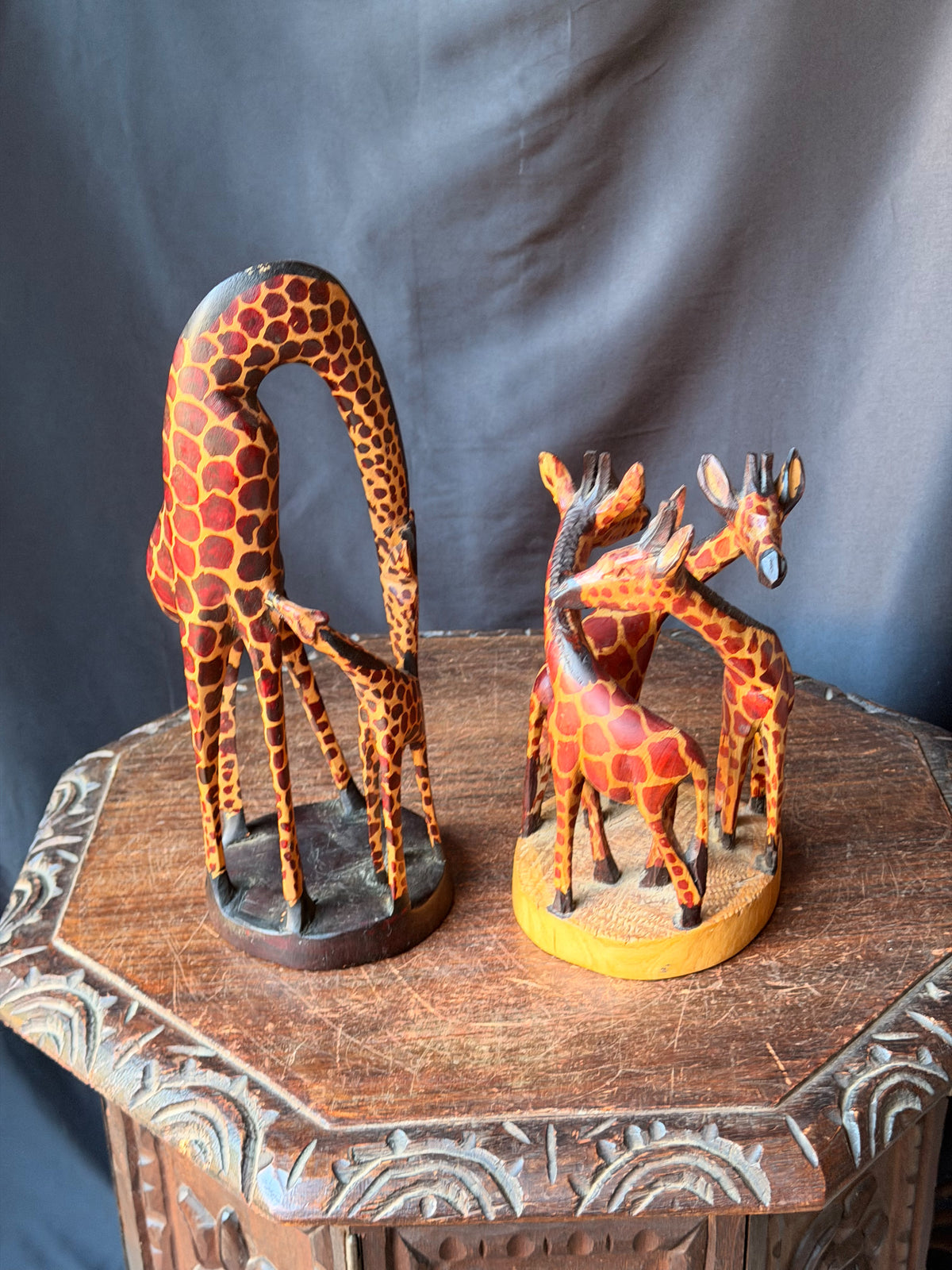 Vintage Kenyan Kamba Hand Carved Wood Giraffe Family Sculptures Pair 12 in