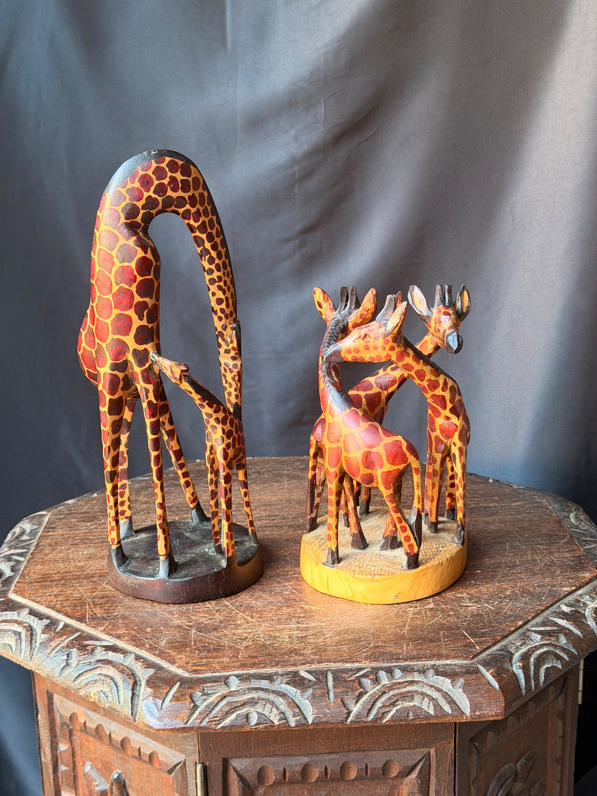 Vintage Kenyan Kamba Hand Carved Wood Giraffe Family Sculptures Pair 12 in