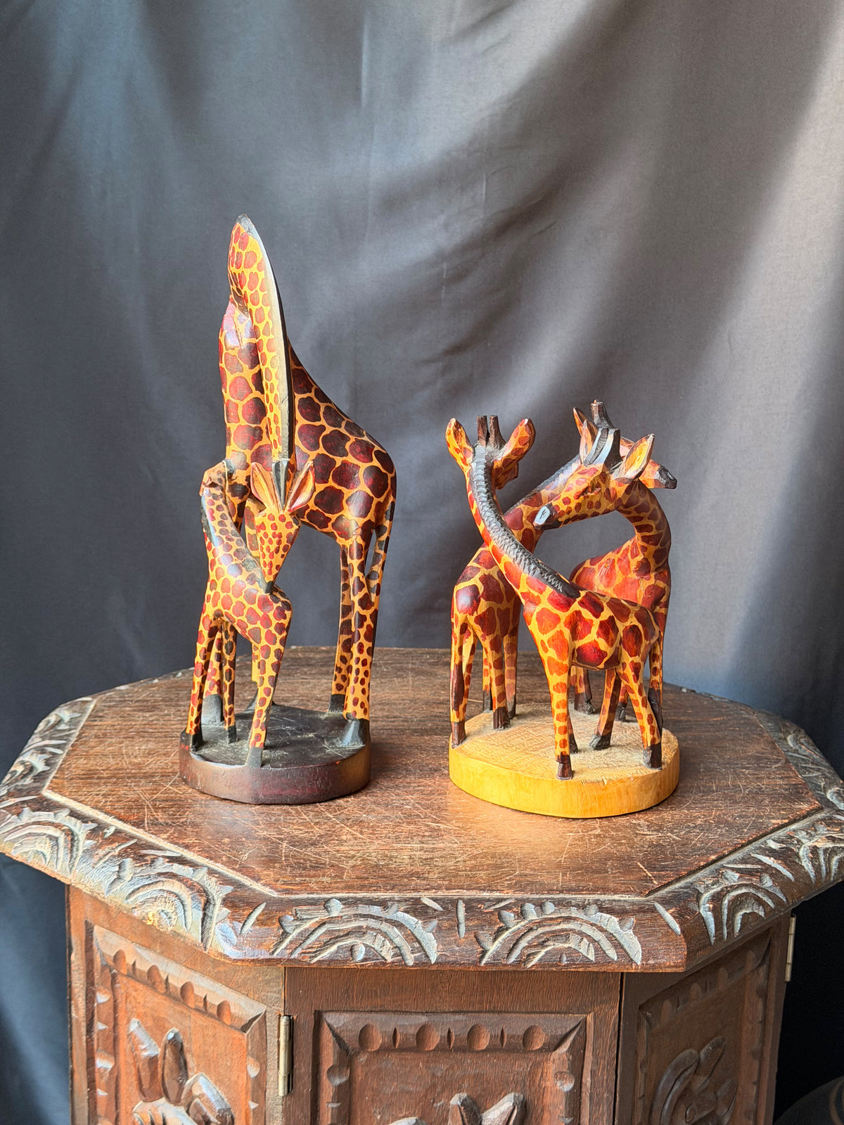 Vintage Kenyan Kamba Hand Carved Wood Giraffe Family Sculptures Pair 12 in