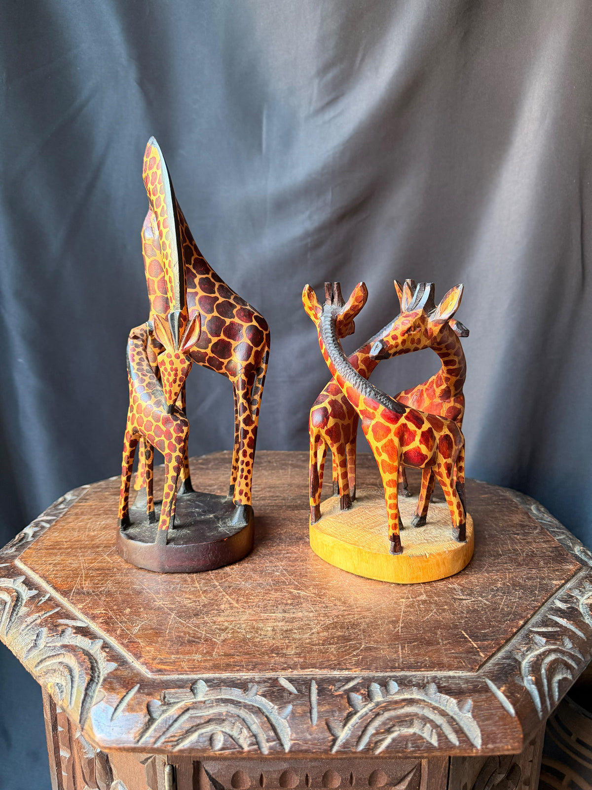 Vintage Kenyan Kamba Hand Carved Wood Giraffe Family Sculptures Pair 12 in