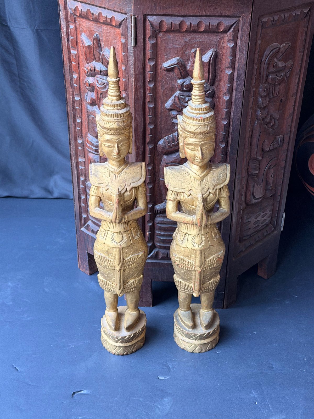 Pair Thai Thepphanom Carved Wood Praying Temple Angel Statues Gold Finish 19 in